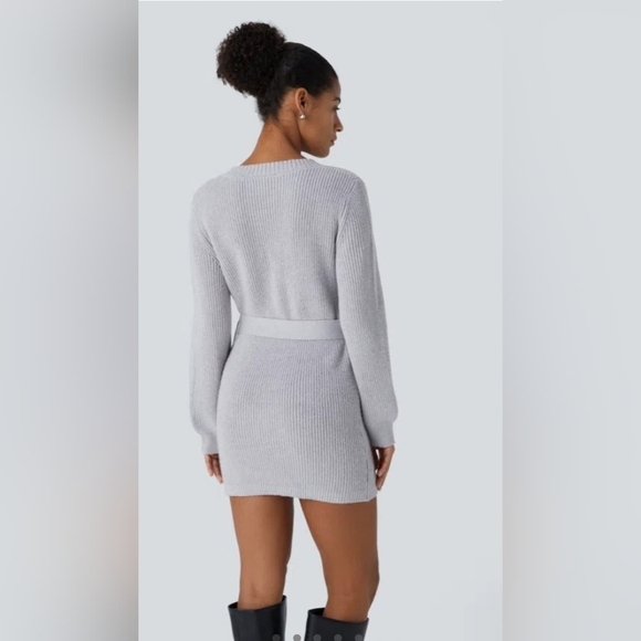 Halara V-neck Button Front Long Sleeve Belted Mini Sweater Dress - Picture 2 of 8